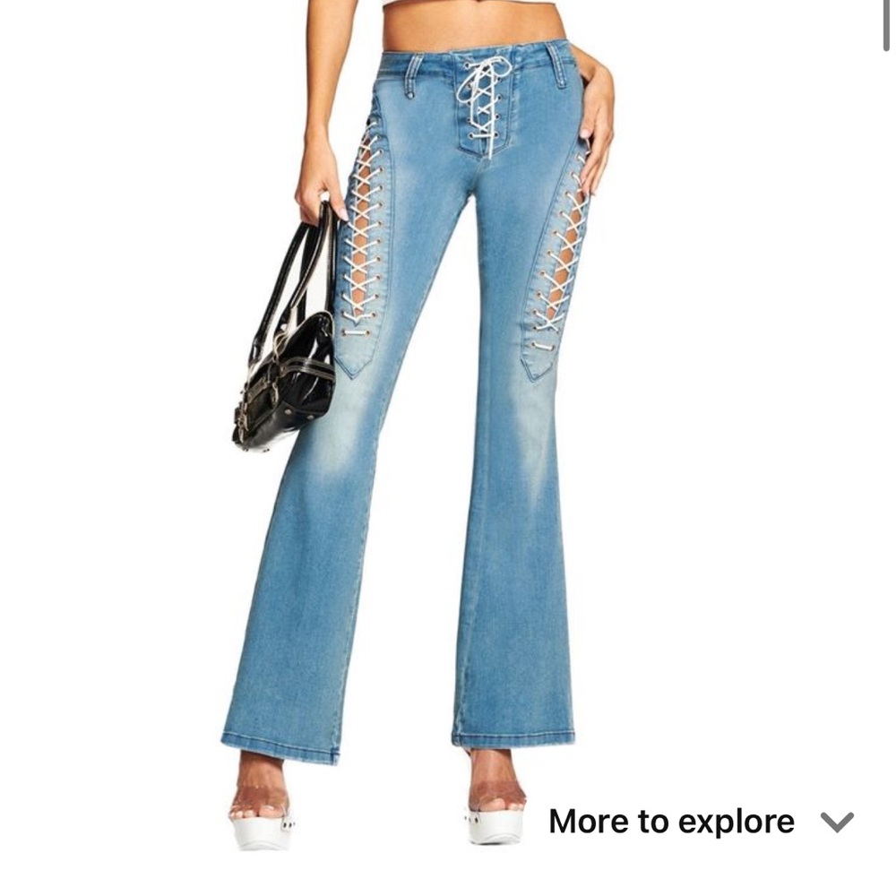 Women's Blue Lace-Up Flare Jeans